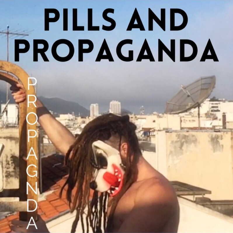 The cover art for Pills and Propaganda, a single by PROPAGNDA, featuring an eerie masked man with dreadlocks climbing a ladder in a metropolis with a satellite dish and some grey skyscrapers in the background.